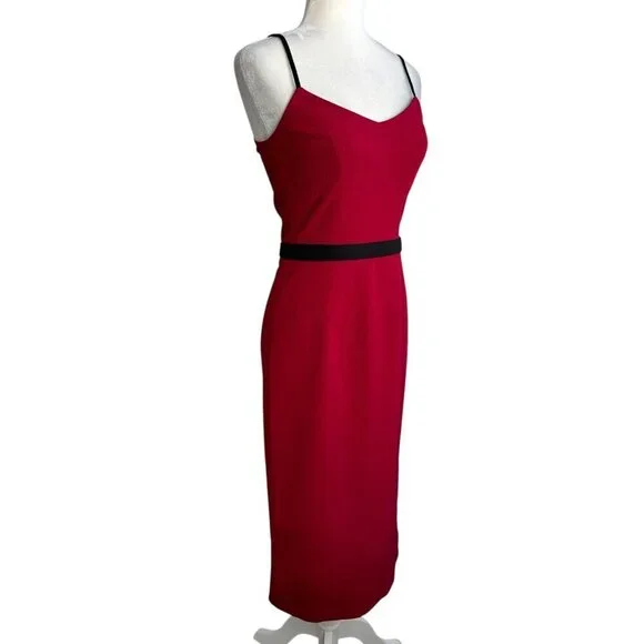 Dress the Population Emma V Neck Red Sleeveless Belted Holiday Midi Dress Size S Midi